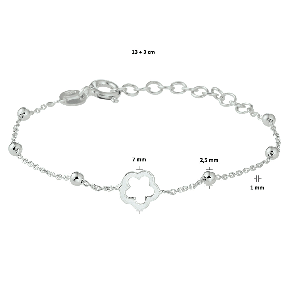 armband bloem 13 + 3 cm zilver gerhodineerd