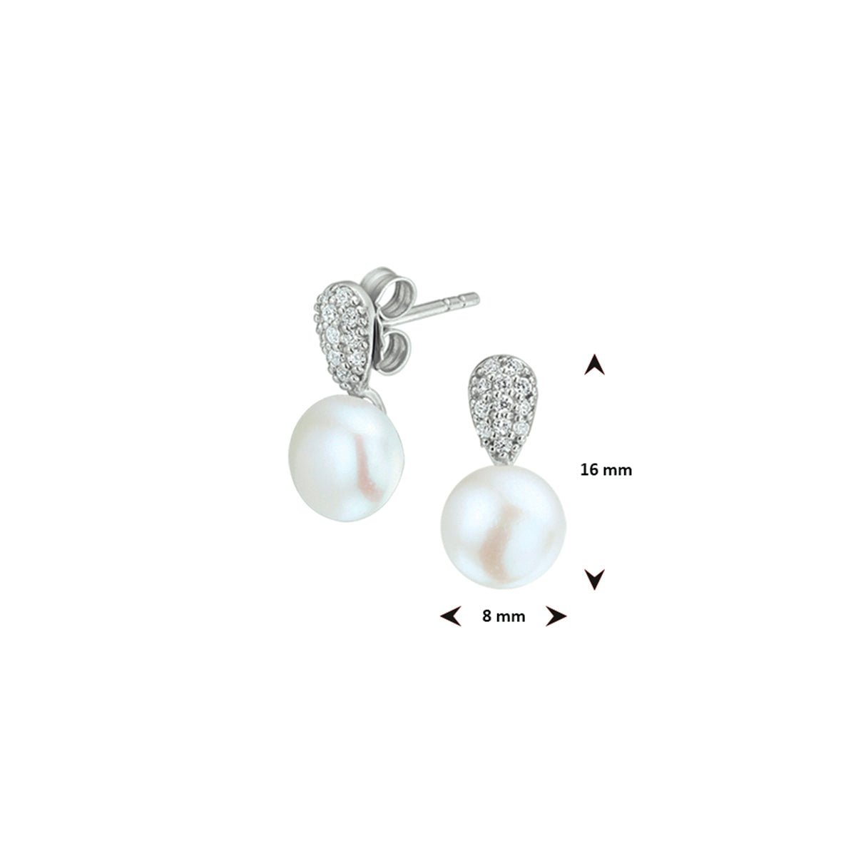 oorknoppen parel en zirkonia zilver gerhodineerd
