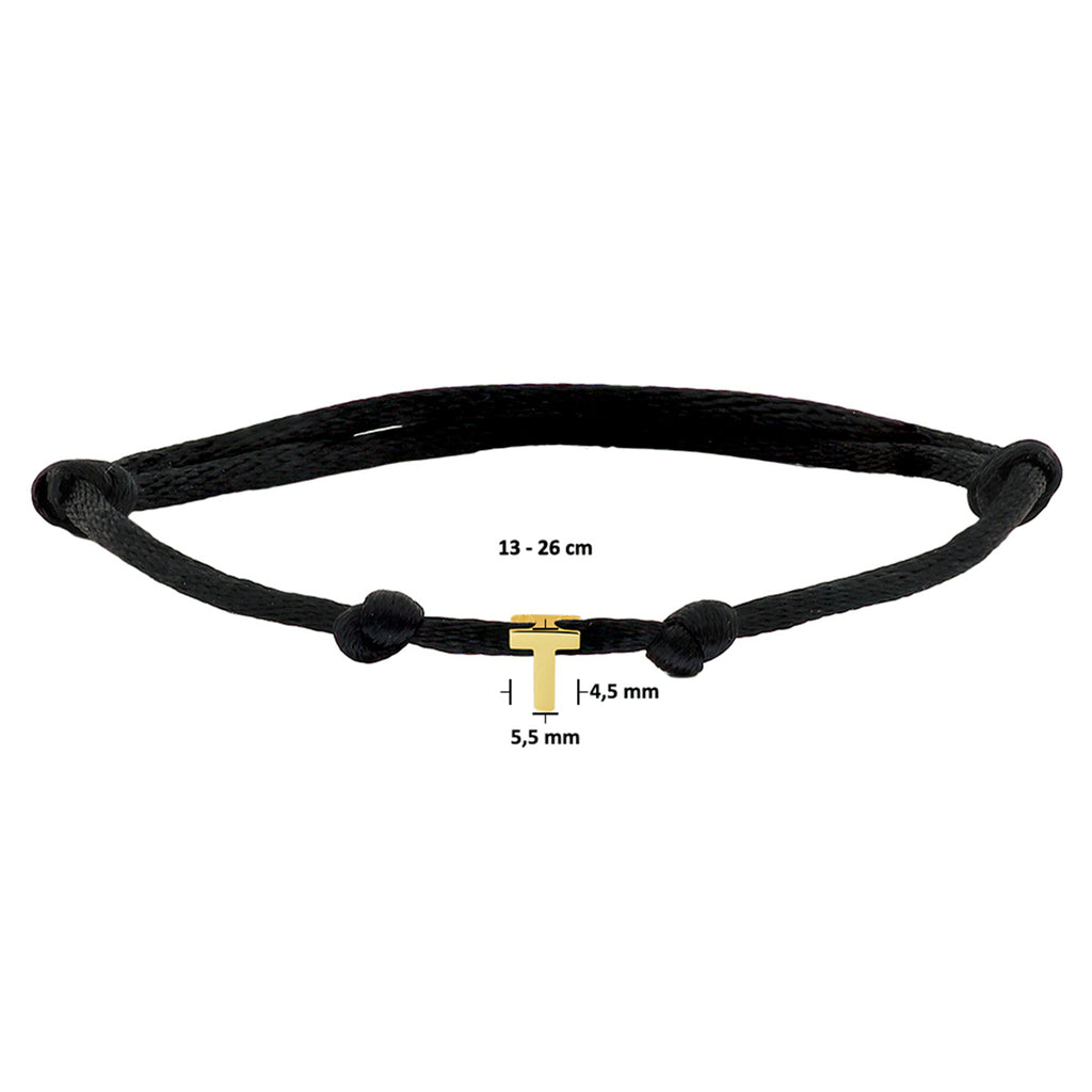 Armband Satin schwarz Buchstabe 13 - 26 cm 14K Gold mit Gummi/Nylon/Leder