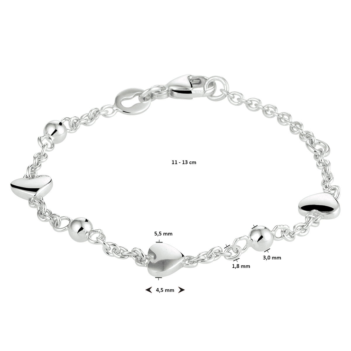 Armband Herzen 11 - 13 cm Silber rhodiniert