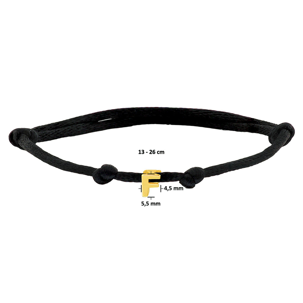 Armband Satin schwarz Buchstabe 13 - 26 cm 14K Gold mit Gummi/Nylon/Leder
