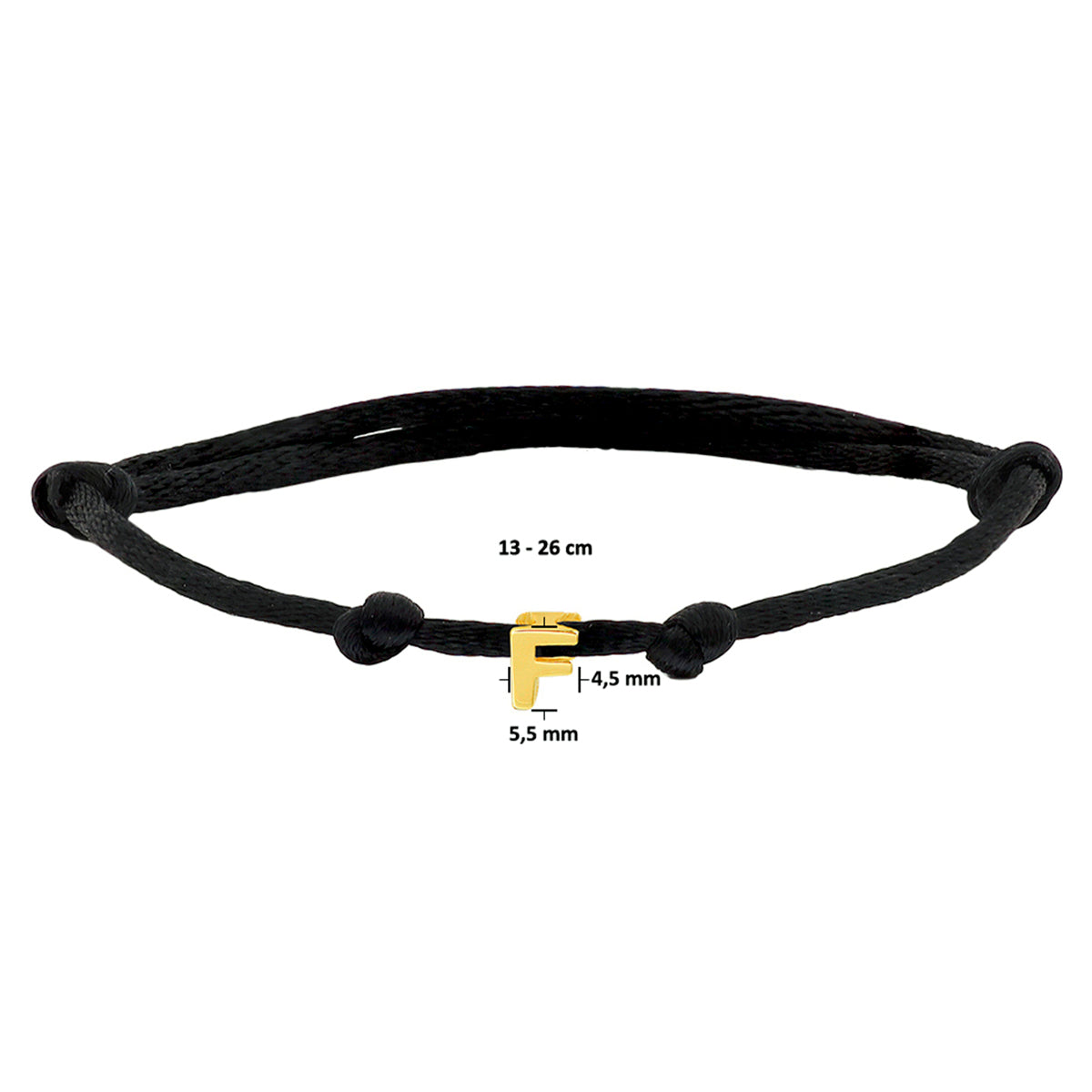 Armband Satin schwarz Buchstabe 13 - 26 cm 14K Gold mit Gummi/Nylon/Leder