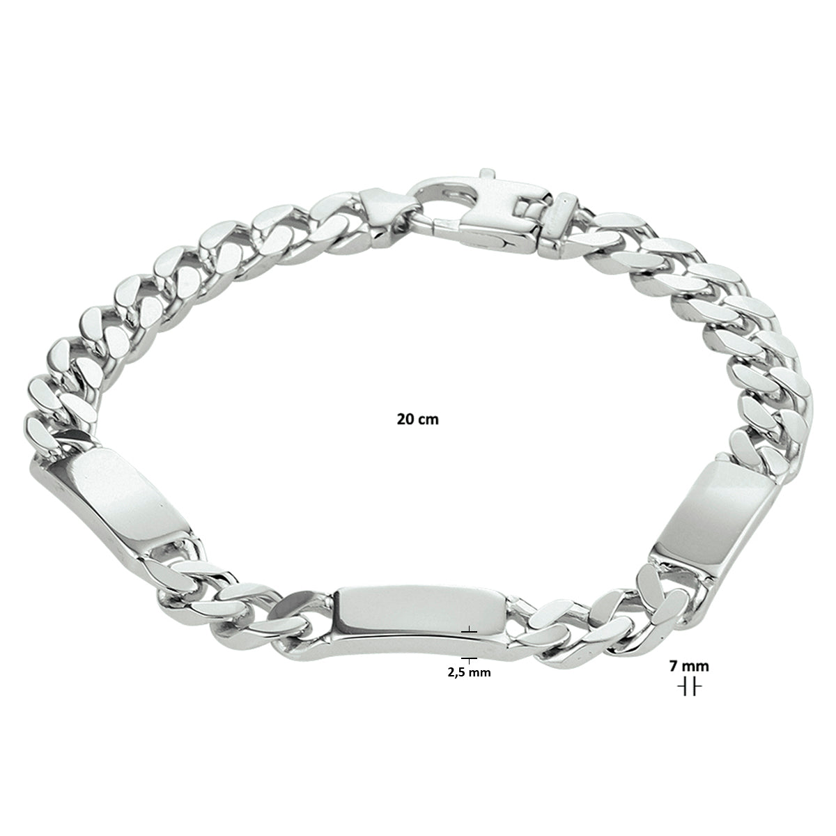 Gravurarmband Gourmette 6-seitig geschliffene Platte 7,0 mm Silber rhodiniert
