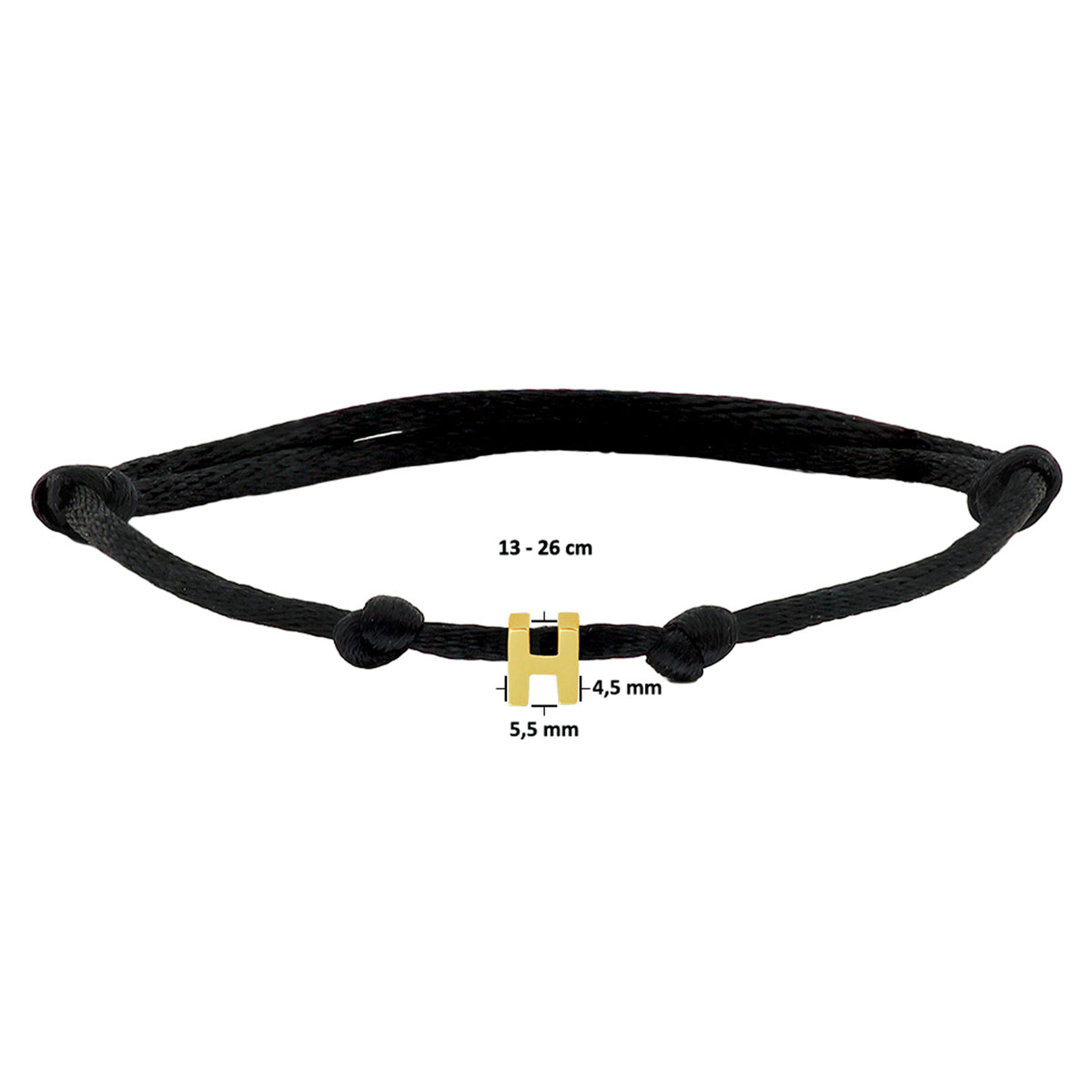 Armband Satin schwarz Buchstabe 13 - 26 cm 14K Gold mit Gummi/Nylon/Leder
