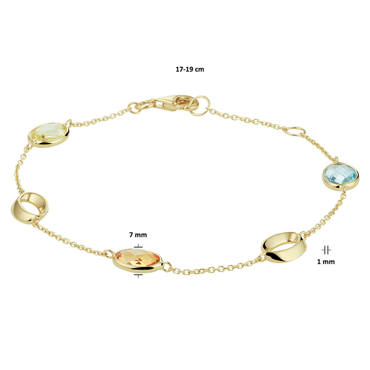 armband natuurlijke kleurstenen 17 - 19 cm 14K geelgoud - ovaal