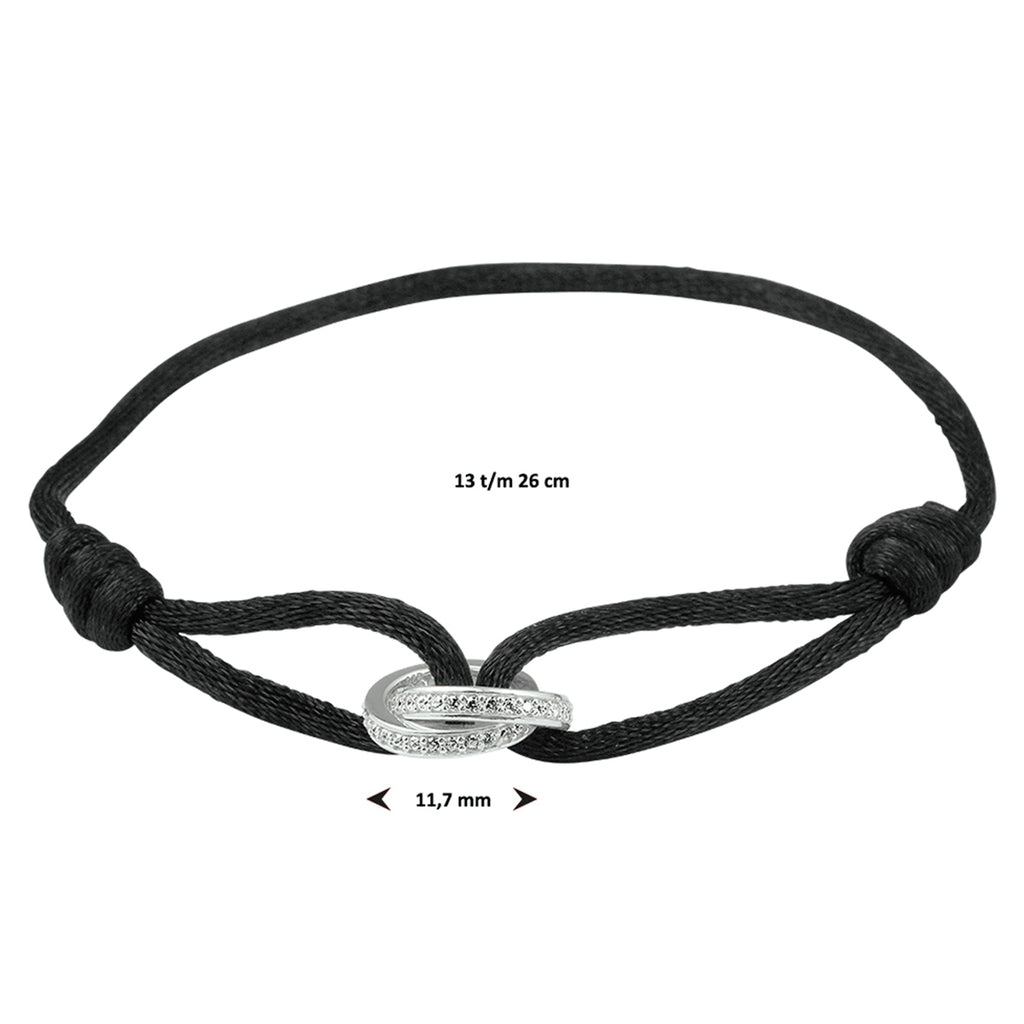 armband satijn zwart zirkonia 13 - 26 cm zilver gerhodineerd met rubber/nylon/leer
