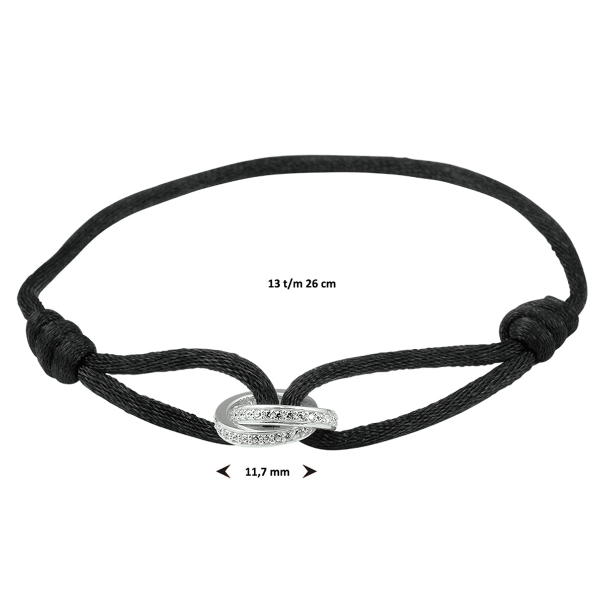 Armband Satin schwarz Zirkonia 13 - 26 cm Silber rhodiniert mit Gummi/Nylon/Leder