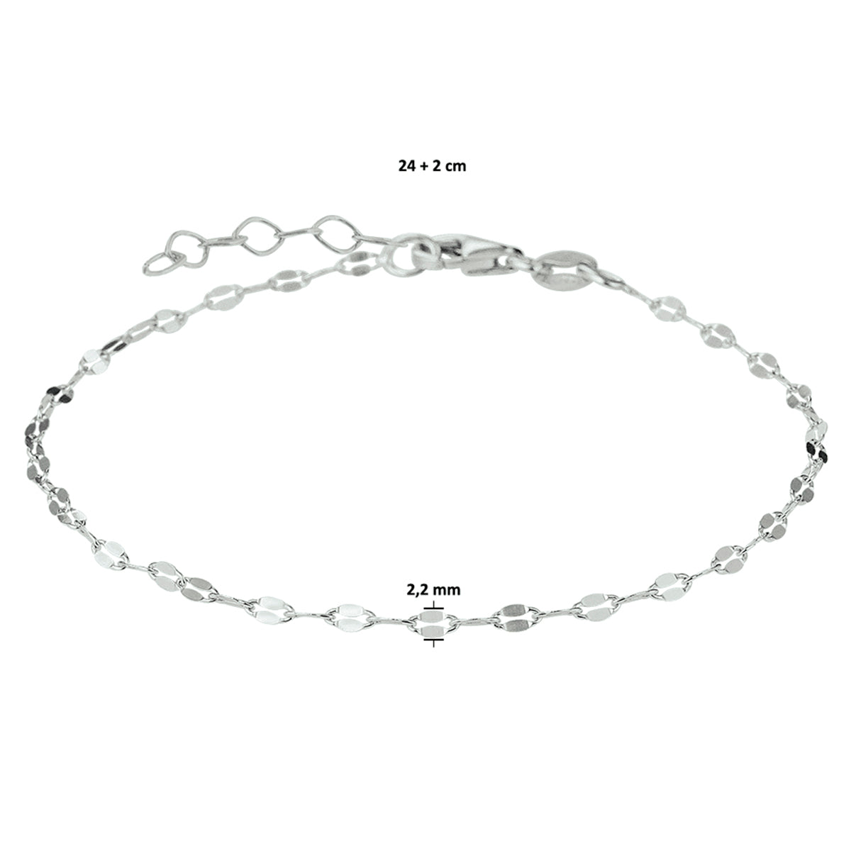 enkelbandje 2,2 mm 24 + 2 cm zilver gerhodineerd