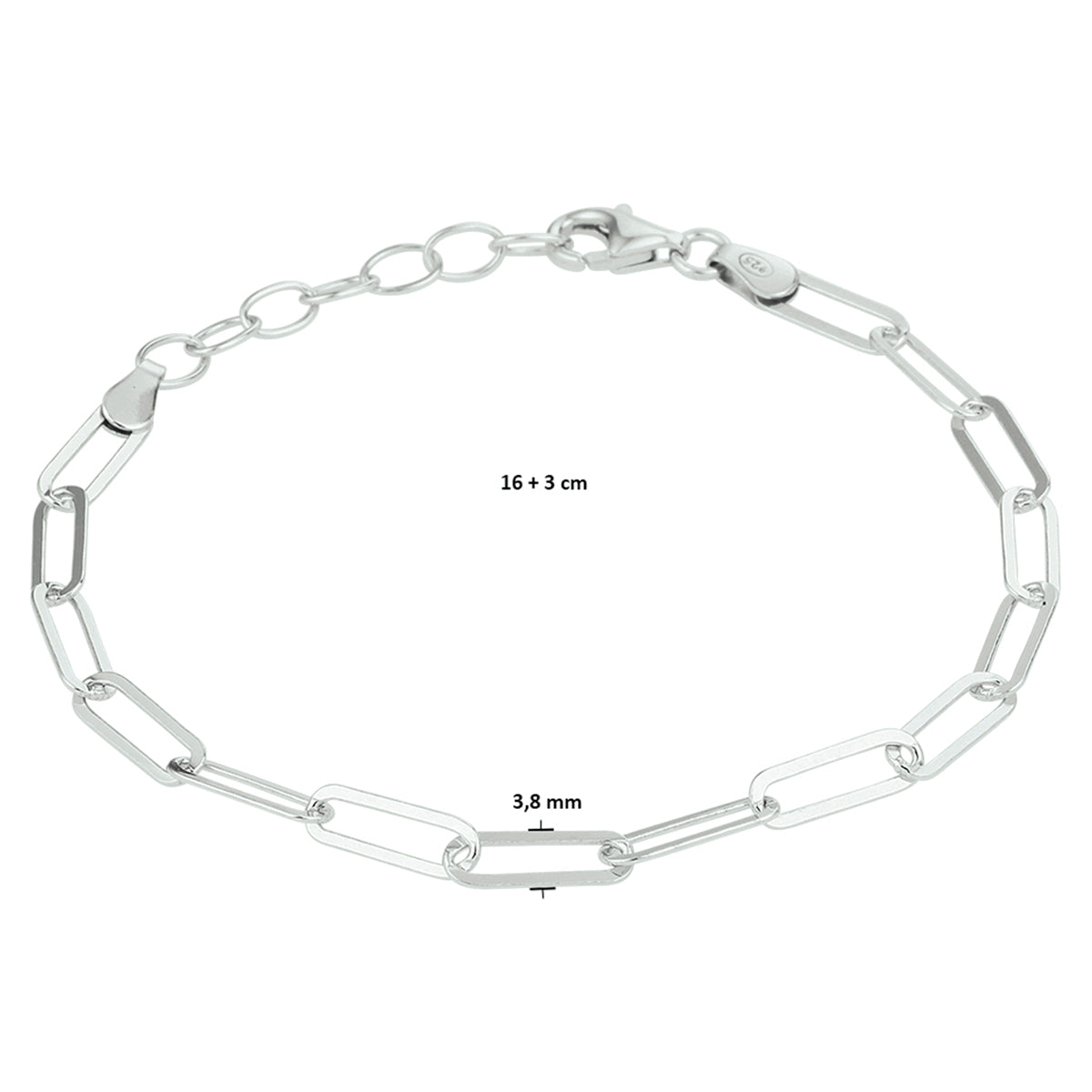 Armband Büroklammer Flachrohr 3,8 mm 16 + 3 cm Silber rhodiniert
