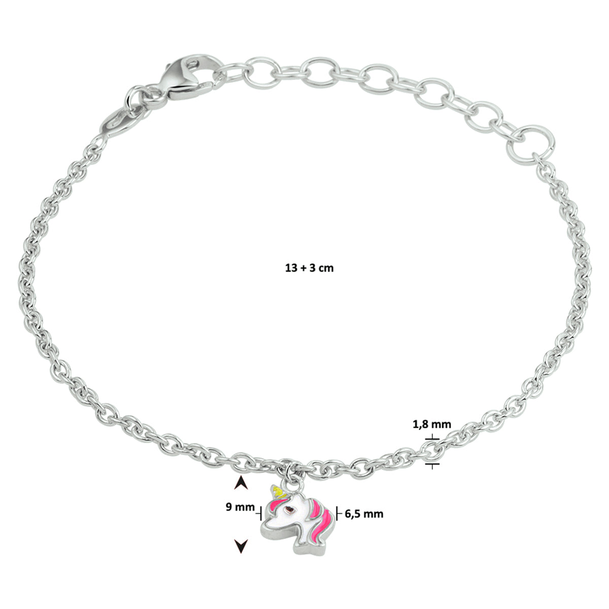 armband eenhoorn emaille 13 + 3 cm zilver gerhodineerd