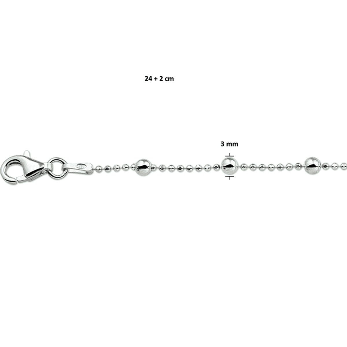Fußkettchenperlen 24 + 2 cm Silber rhodiniert