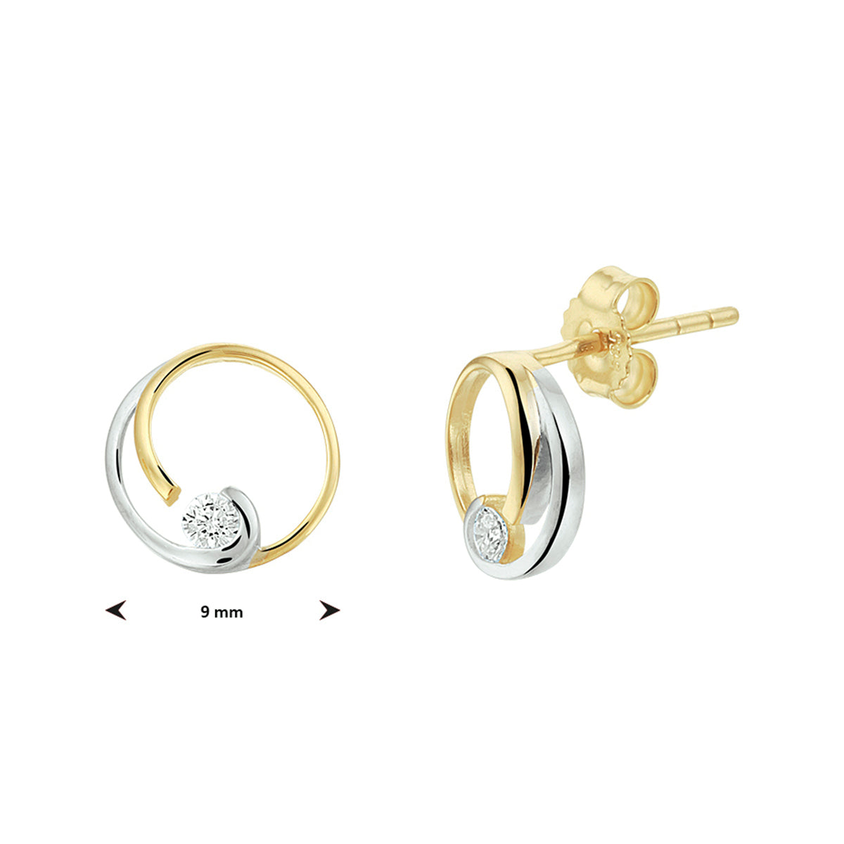 oorknoppen rond zirkonia bicolor gestift 14K geelgoud