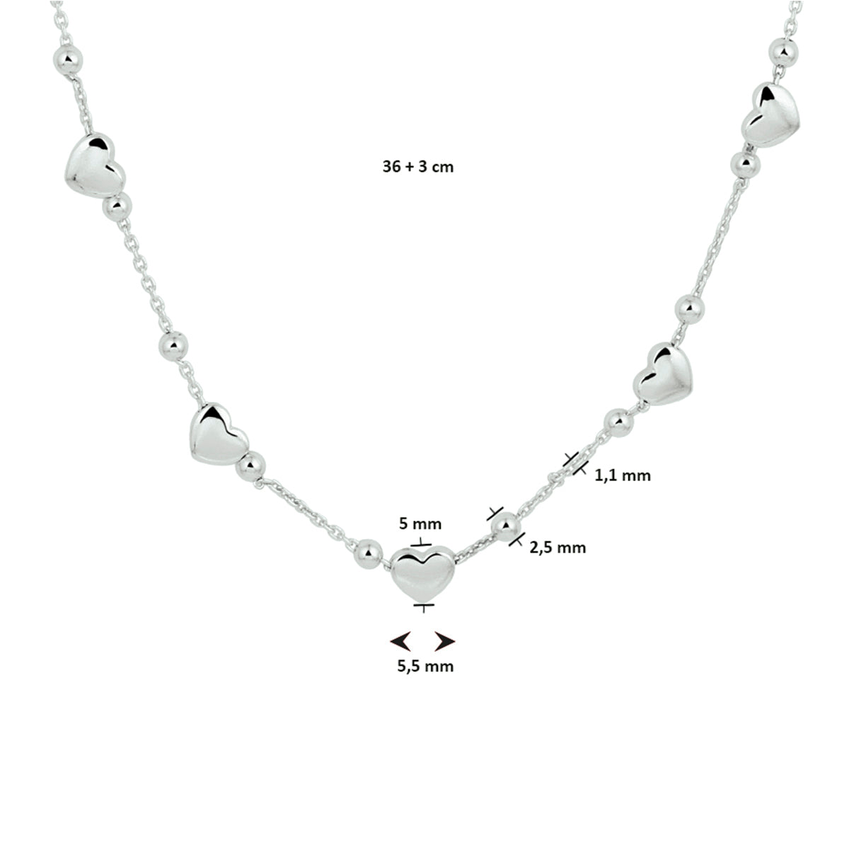 Halskette Herzen 36 + 3 cm Silber rhodiniert