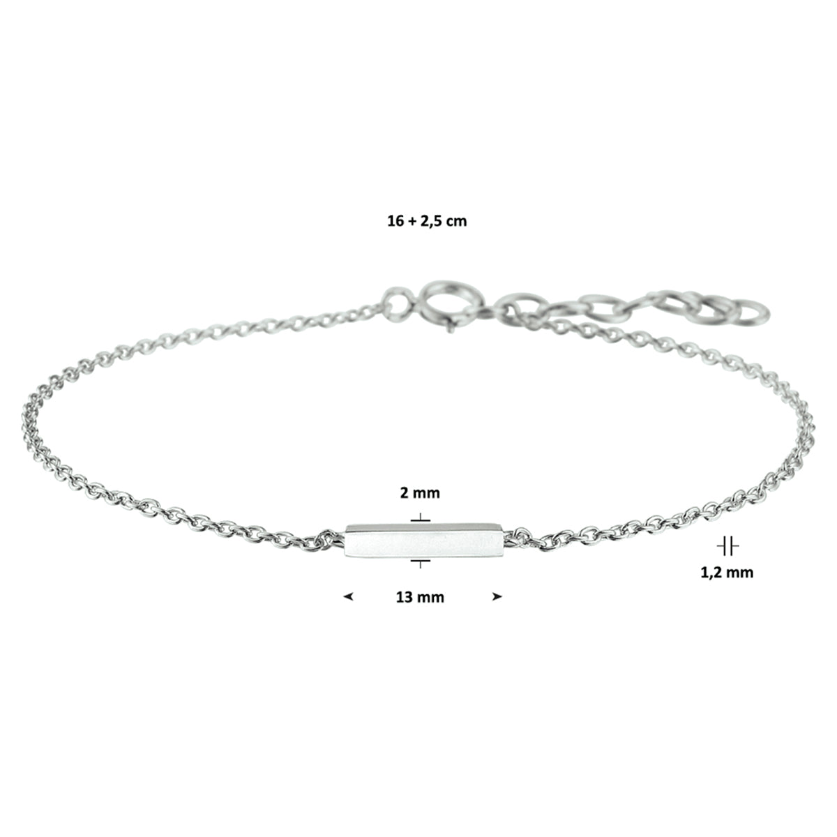 armband balkje 16 + 2,5 cm zilver gerhodineerd