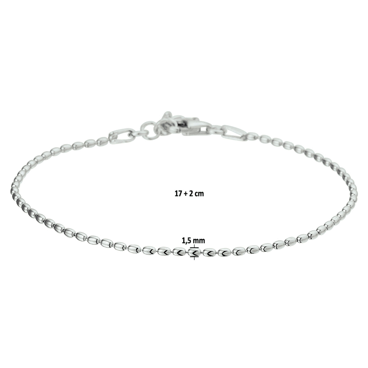 armband bolletjes 1,5 mm 17 + 2 cm zilver gerhodineerd