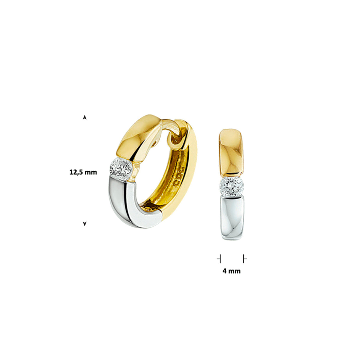 klapoorringen zirkonia 14K bicolor goud geel/wit - vlak