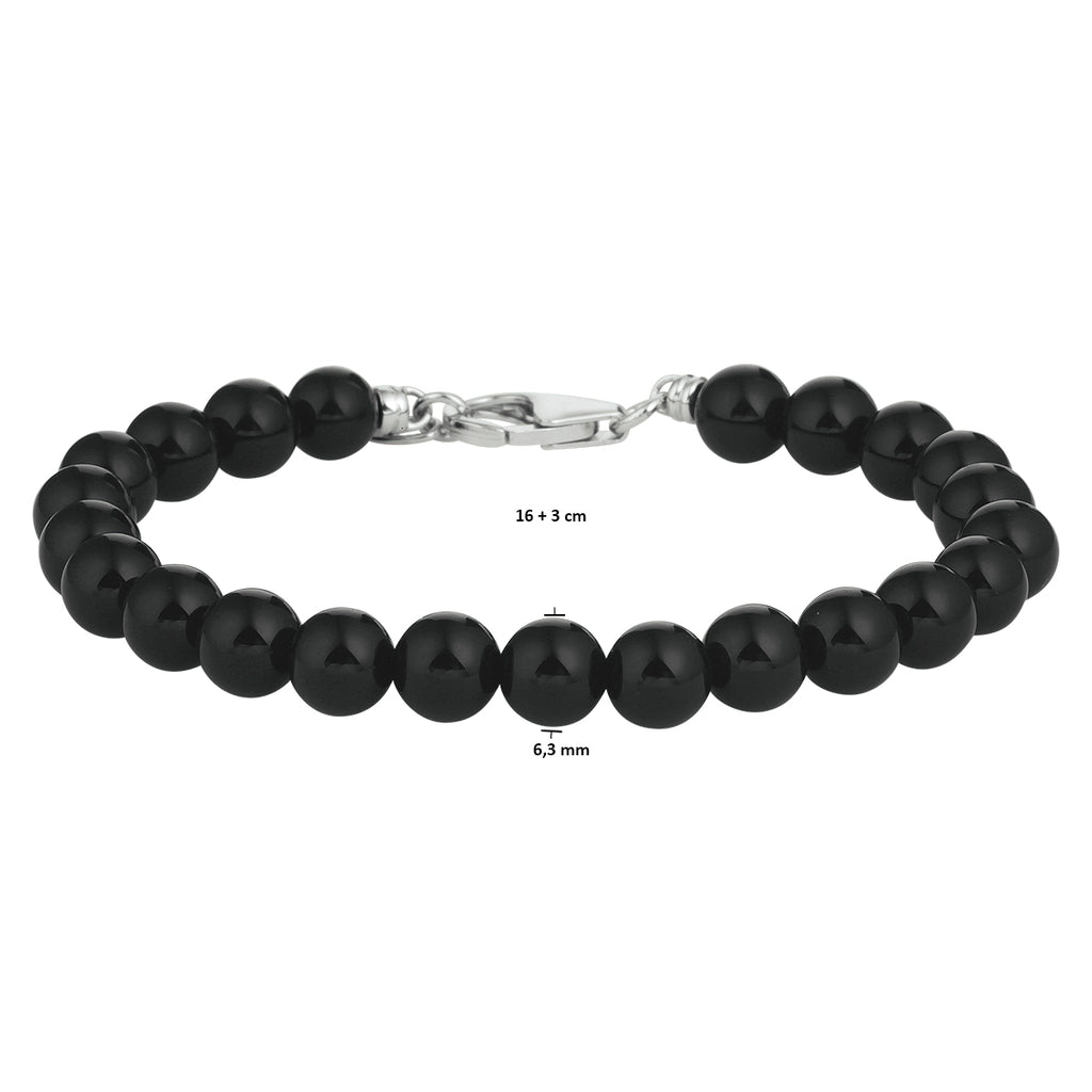 kralenarmband onyx 6,3 mm 16 + 3 cm zilver gerhodineerd