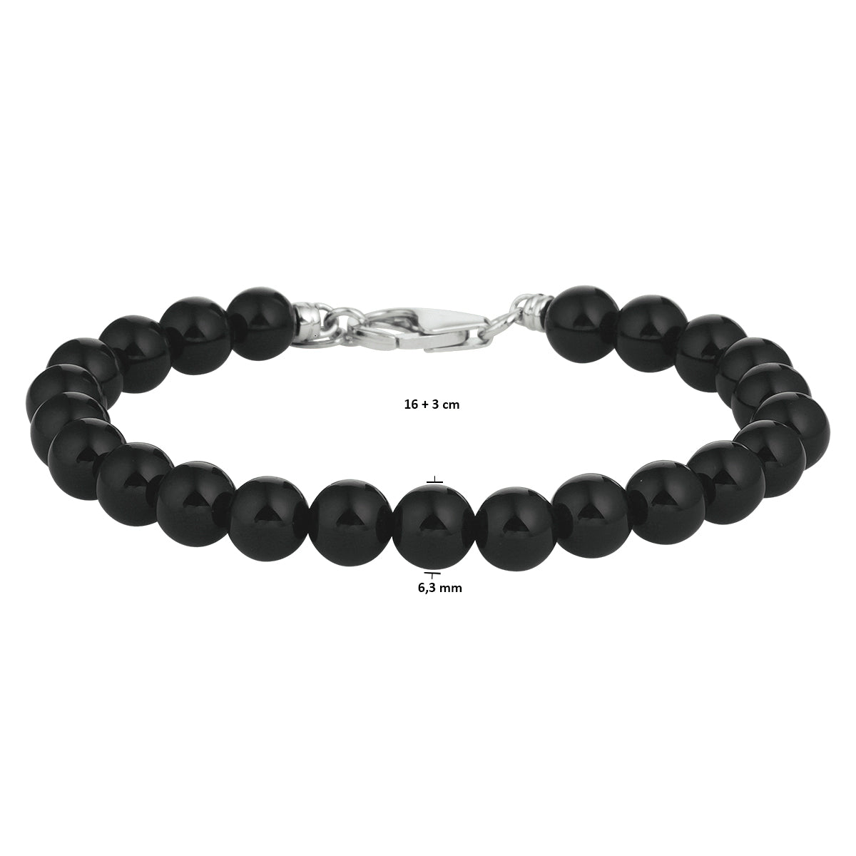 kralenarmband onyx 6,3 mm 16 + 3 cm zilver gerhodineerd