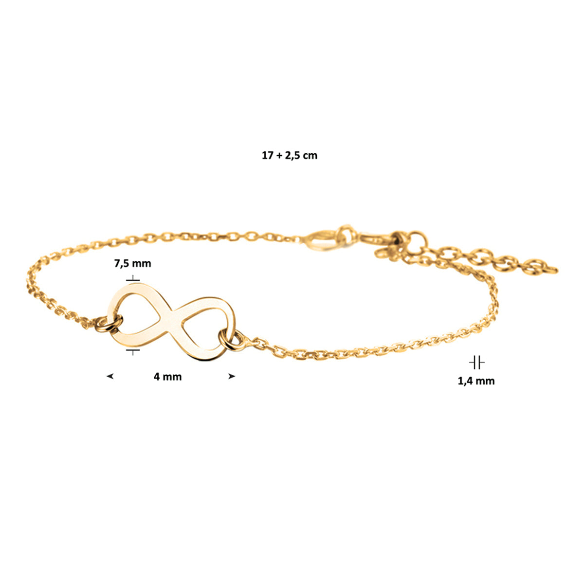 Armband Infinity 17 + 2,5 cm 3 Mikron Silber vergoldet (gelb)