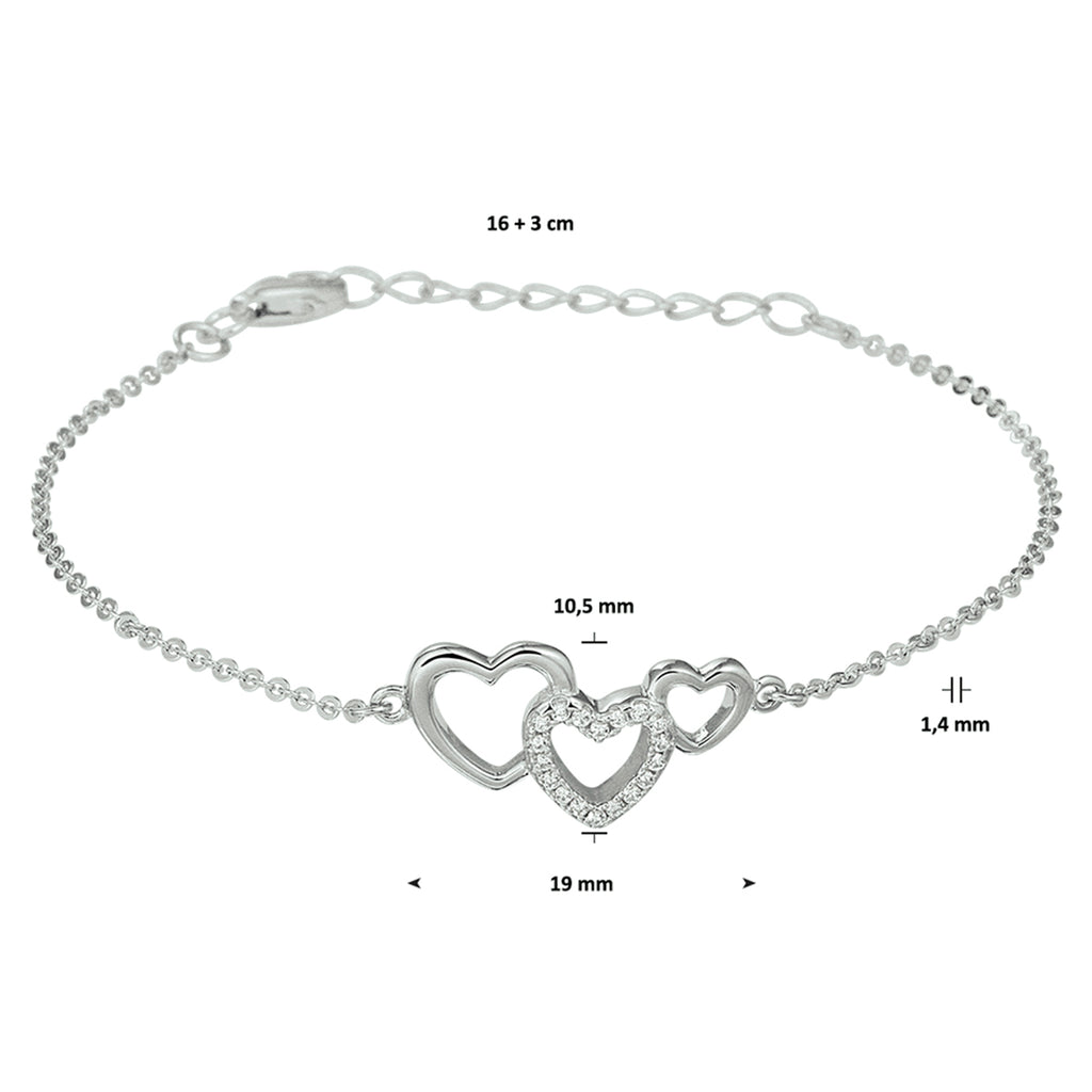 Armband Herzen und Zirkonia 16 + 3 cm Silber rhodiniert