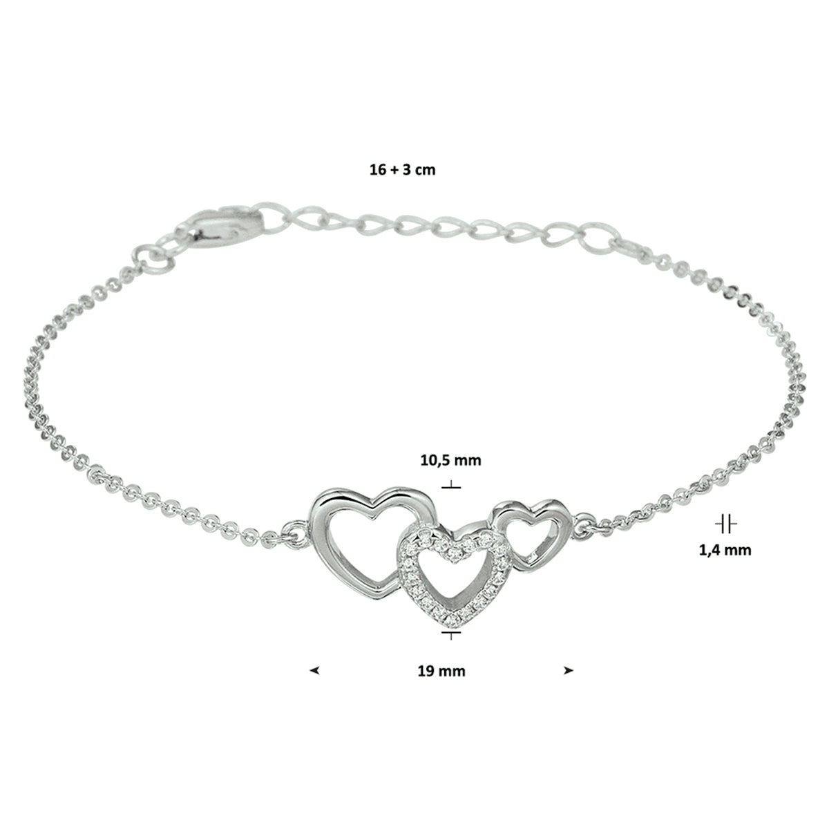 Armband Herzen und Zirkonia 16 + 3 cm Silber rhodiniert