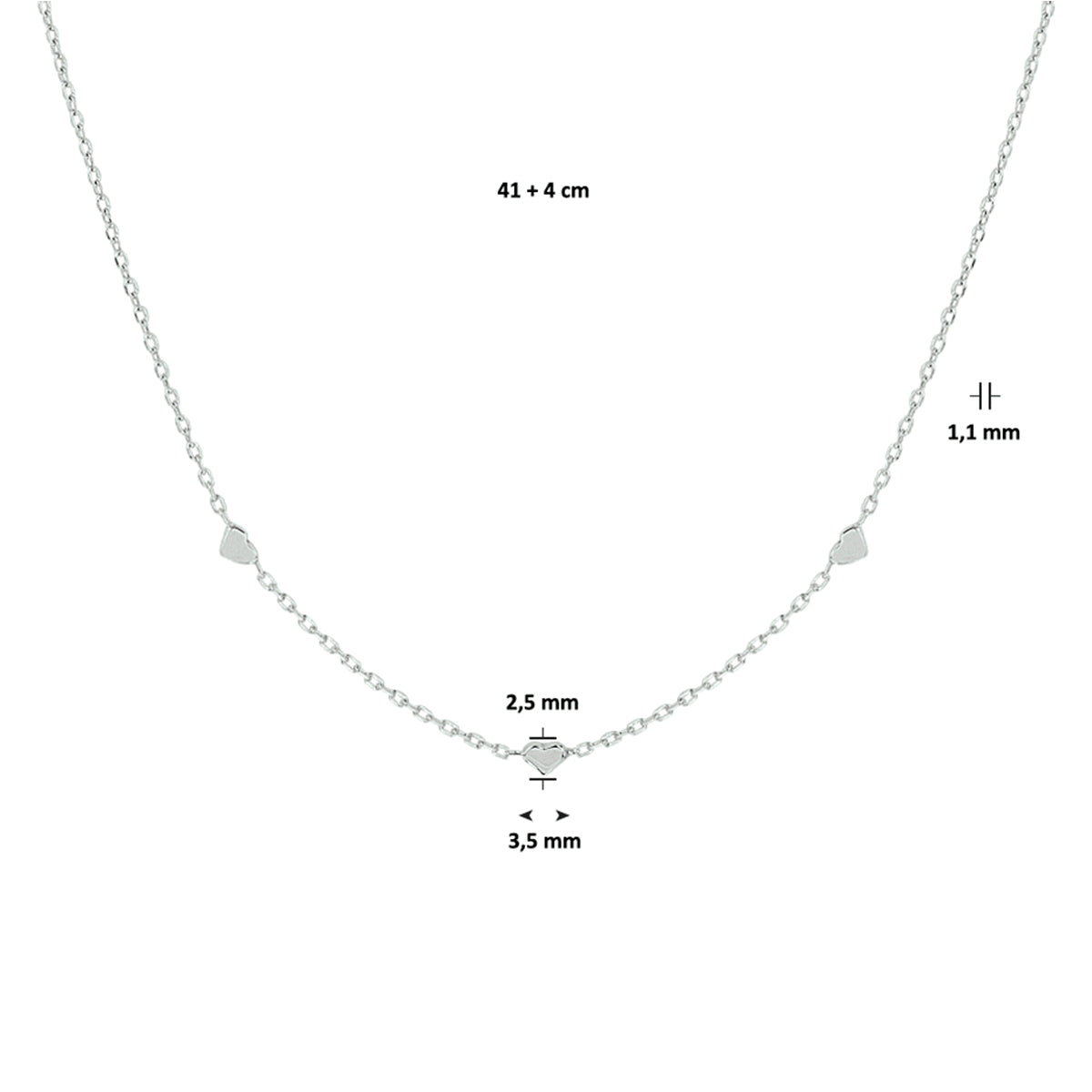 Halskette Herzen 41 + 4 cm Silber rhodiniert