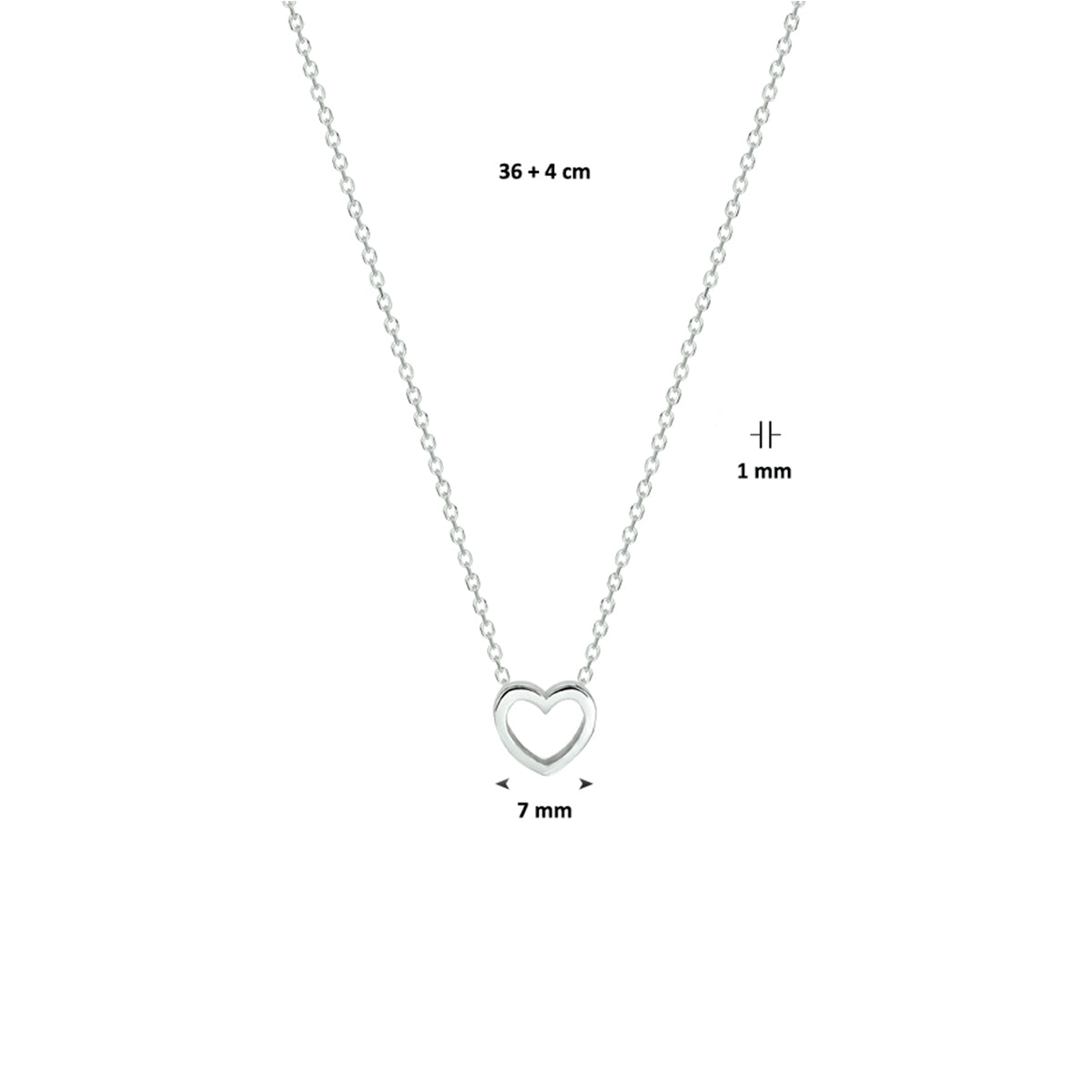 collier hart 36 + 4 cm zilver gerhodineerd