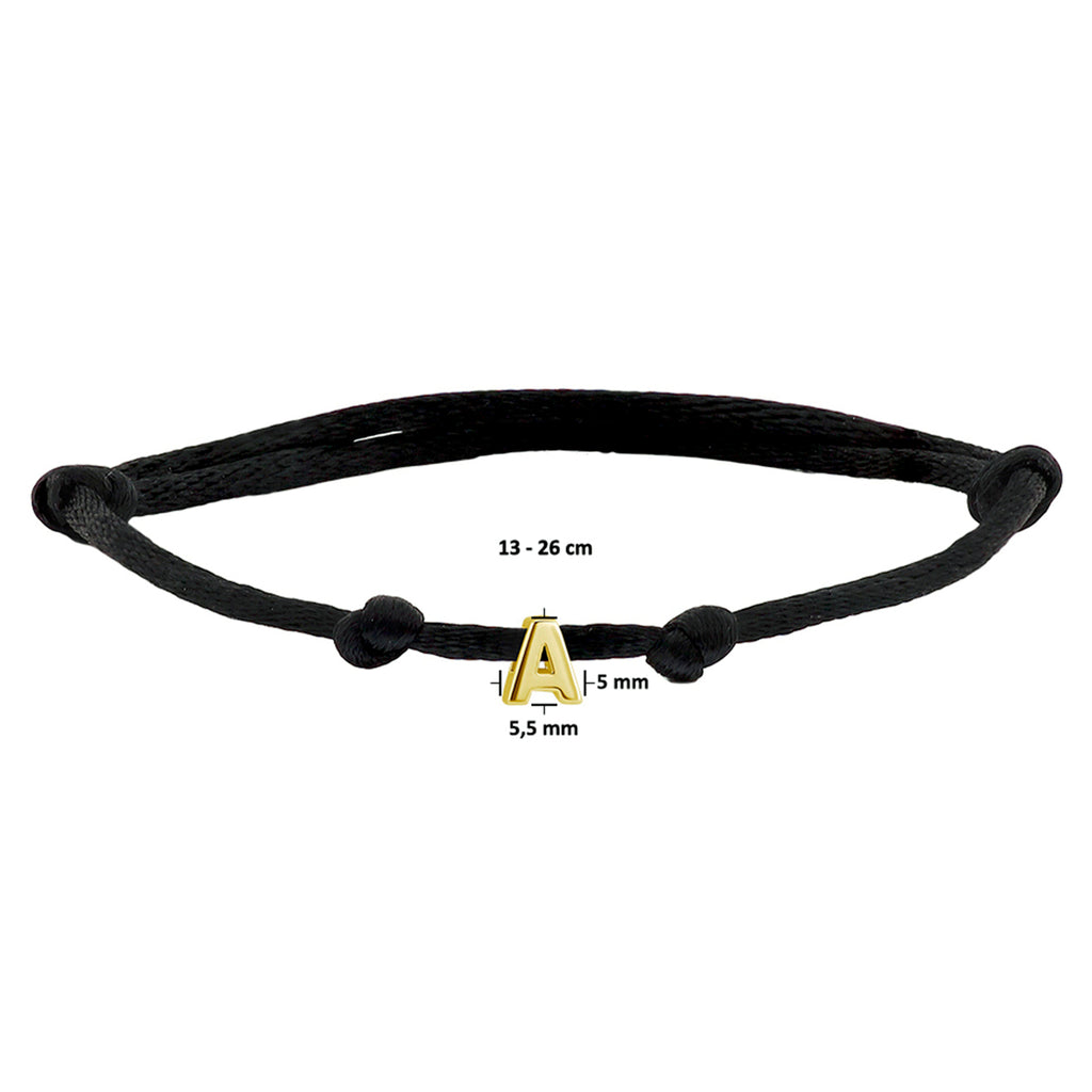 Armband Satin schwarz Buchstabe 13 - 26 cm 14K Gold mit Gummi/Nylon/Leder
