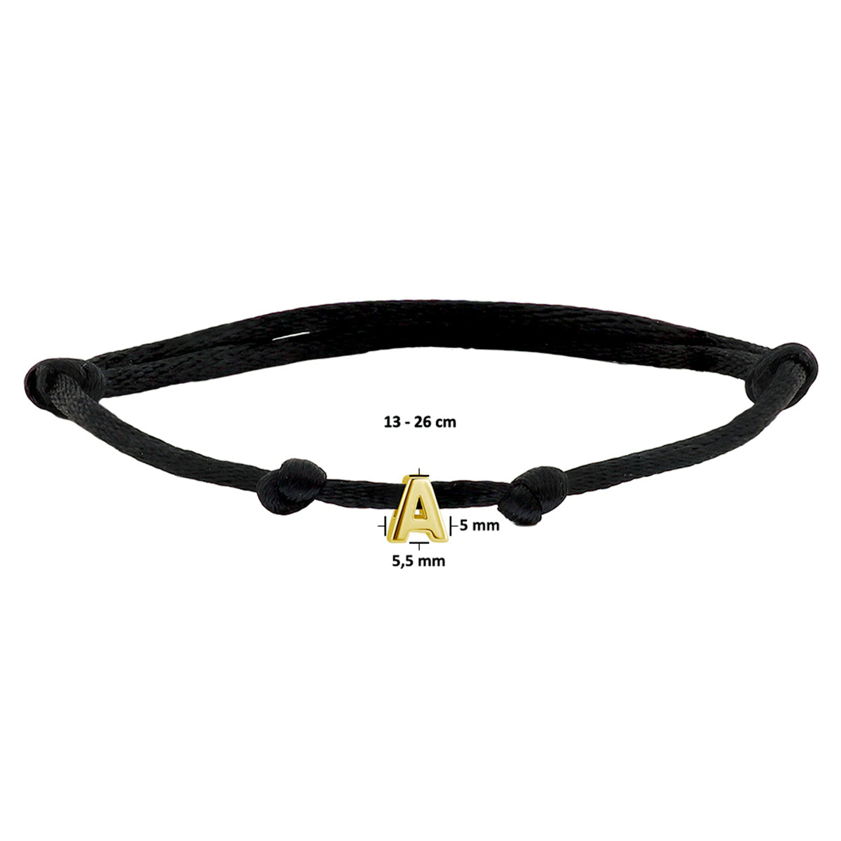 Armband Satin schwarz Buchstabe 13 - 26 cm 14K Gold mit Gummi/Nylon/Leder