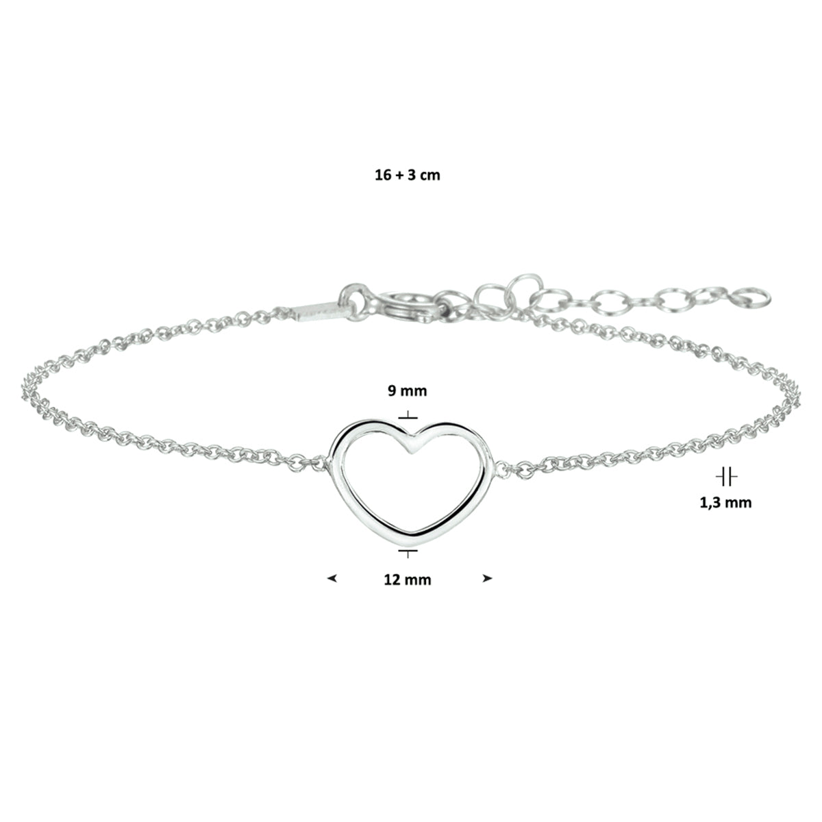 Armband Herz 1,3 mm 16 + 3 cm Silber rhodiniert