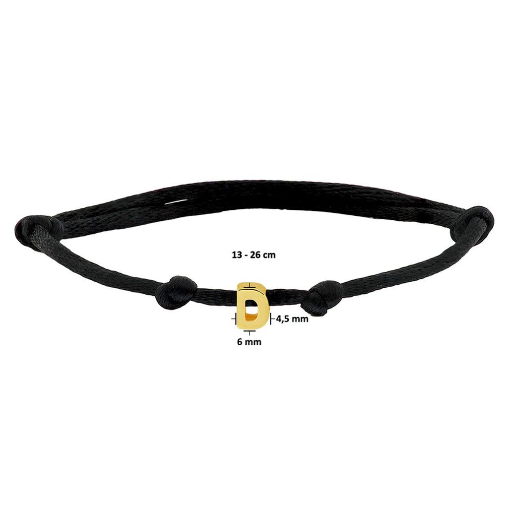 Armband Satin schwarz Buchstabe 13 - 26 cm 14K Gold mit Gummi/Nylon/Leder