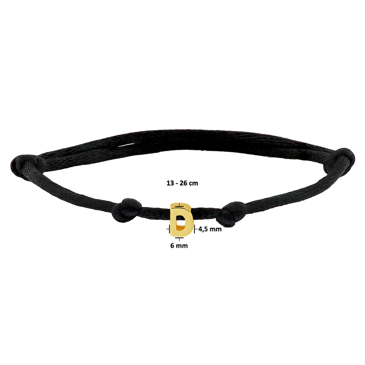 Armband Satin schwarz Buchstabe 13 - 26 cm 14K Gold mit Gummi/Nylon/Leder