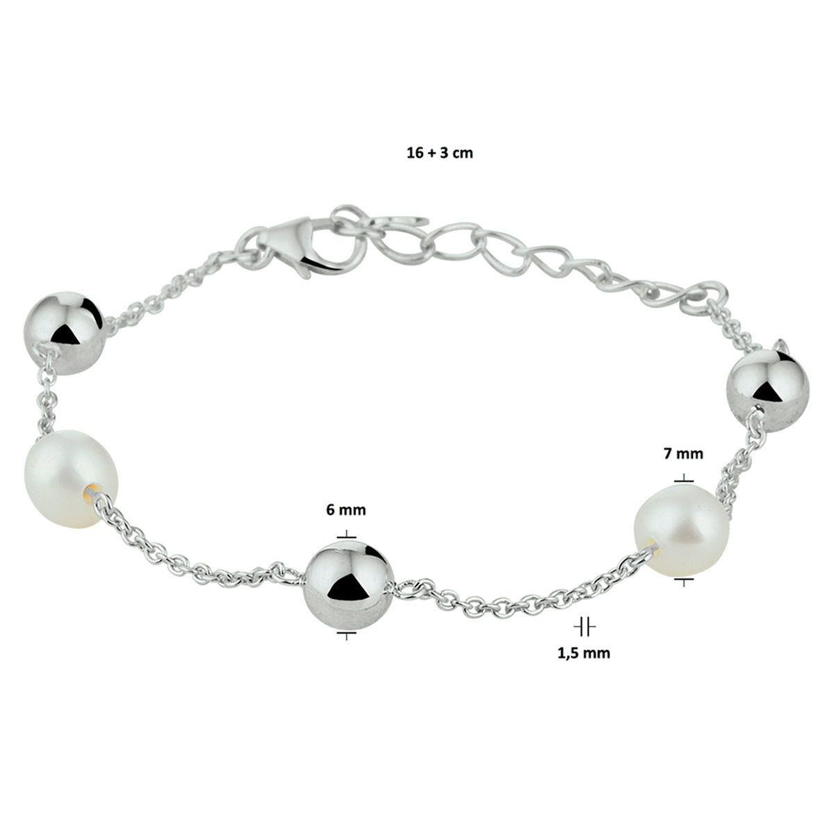 armband parel 16 + 3 cm zilver gerhodineerd