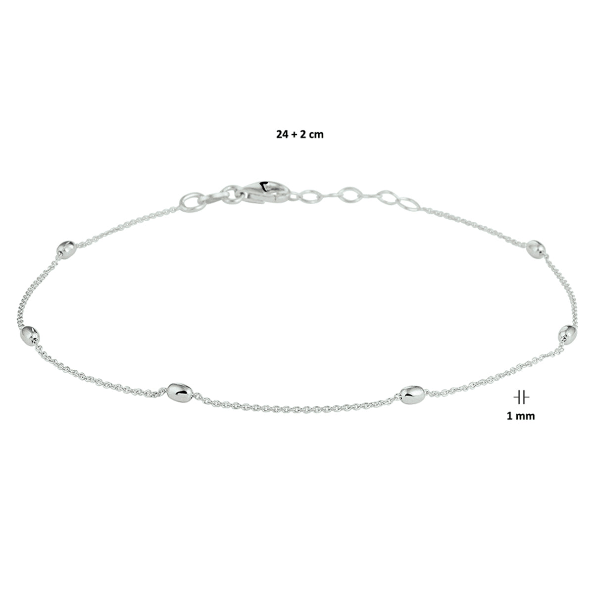Fußkettchenperlen 2,5 mm 24 + 2 cm Silber rhodiniert