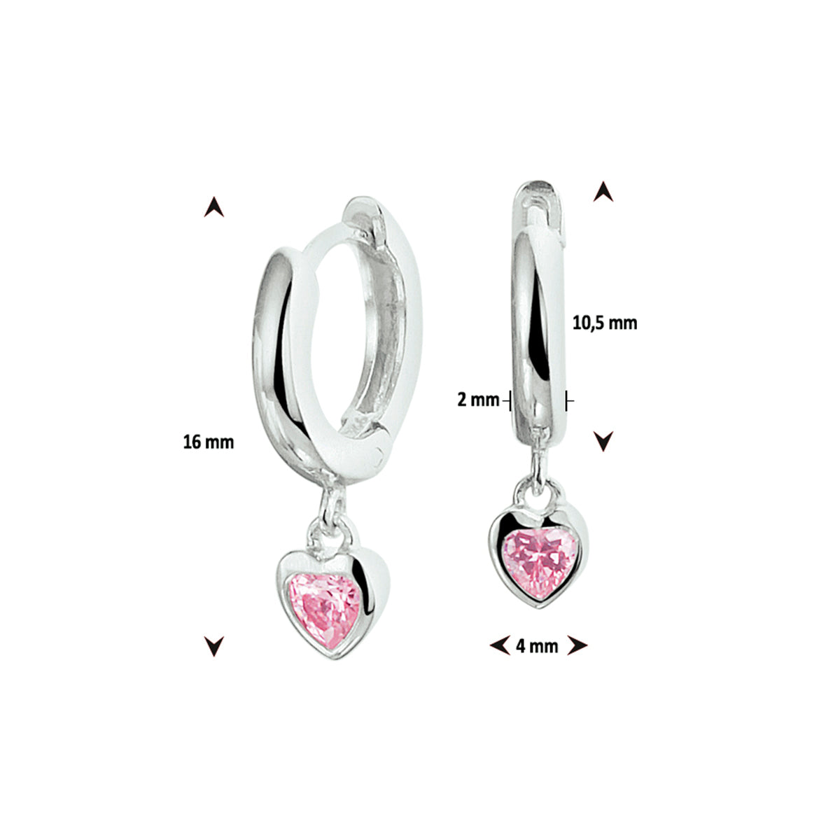 klapoorringen hart roze zirkonia zilver gerhodineerd
