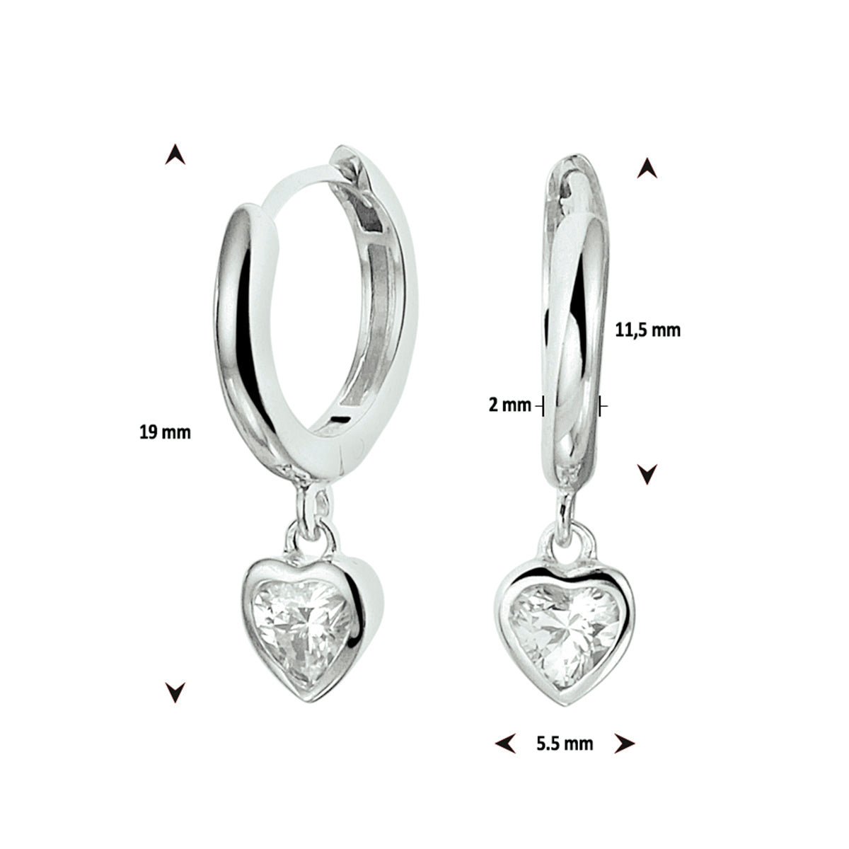 klapoorringen hart zirkonia zilver gerhodineerd