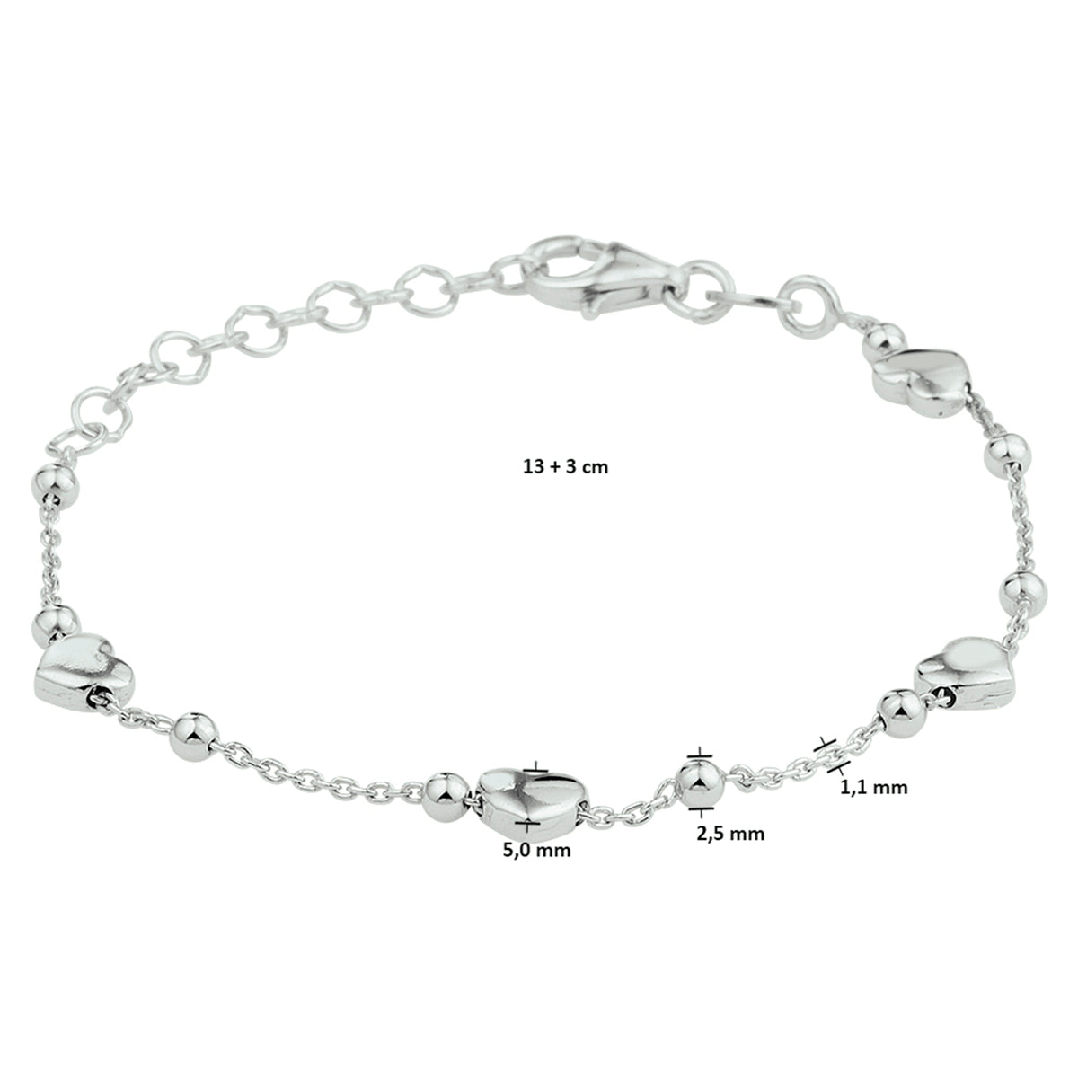 armband hartjes 13 + 3 cm zilver gerhodineerd