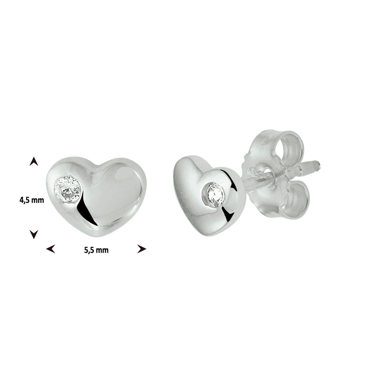 oorknoppen hart zirkonia zilver gerhodineerd