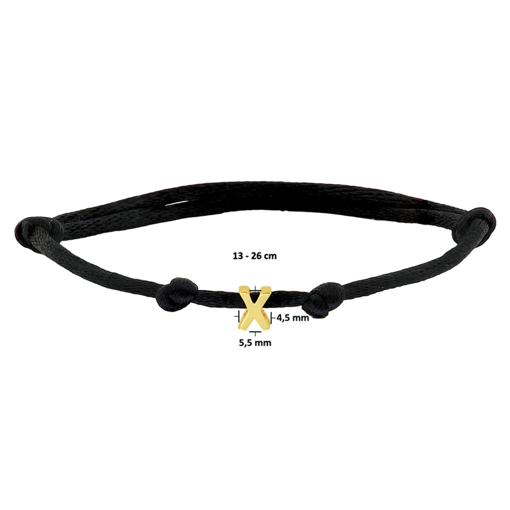 Armband Satin schwarz Buchstabe 13 - 26 cm 14K Gold mit Gummi/Nylon/Leder