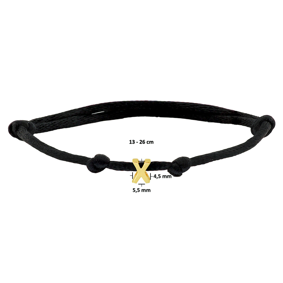 Armband Satin schwarz Buchstabe 13 - 26 cm 14K Gold mit Gummi/Nylon/Leder
