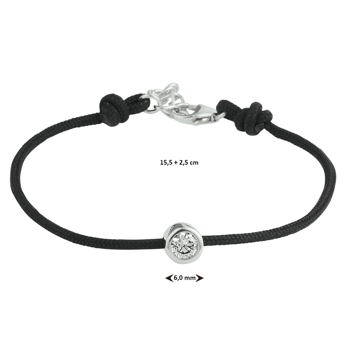 Armband Baumwolle rund Zirkonia 15,5 + 2,5 cm Silber rhodiniert mit Kautschuk/Nylon/Leder