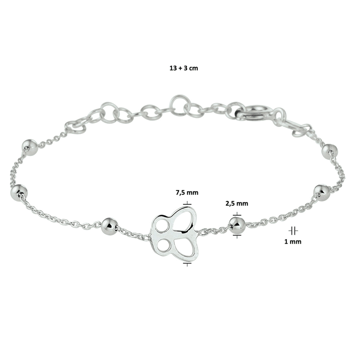 armband vlinder 13 + 3 cm zilver gerhodineerd