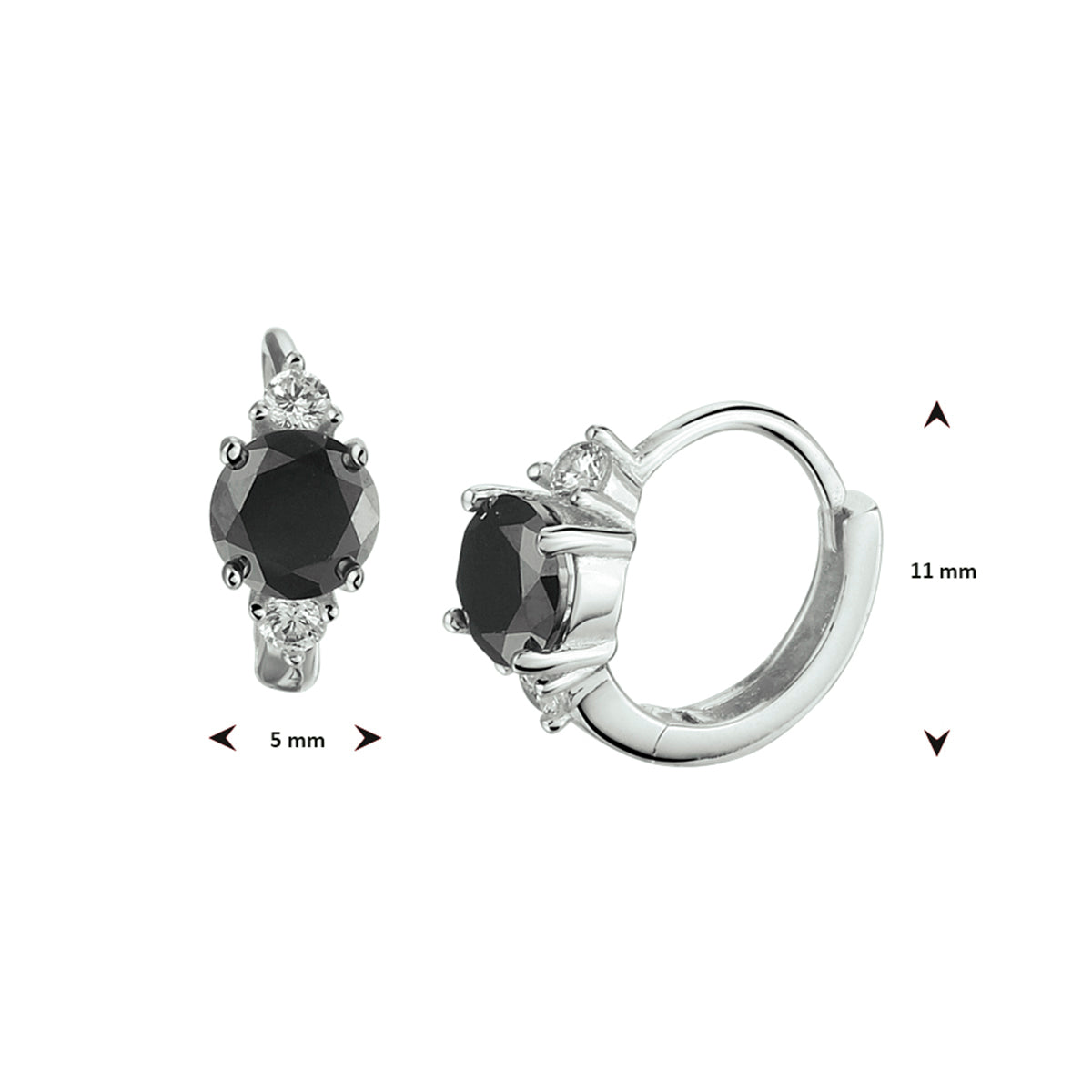 klapoorringen zwart en wit zirkonia zilver gerhodineerd