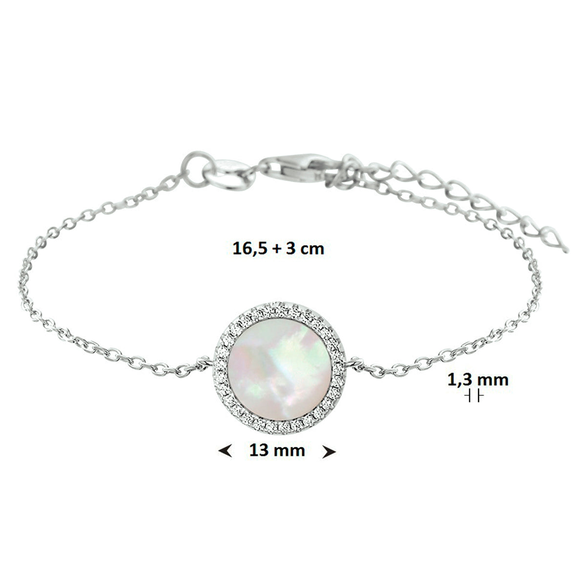 Armband Perlmutt und Zirkonia 16,5 + 3 cm Silber rhodiniert