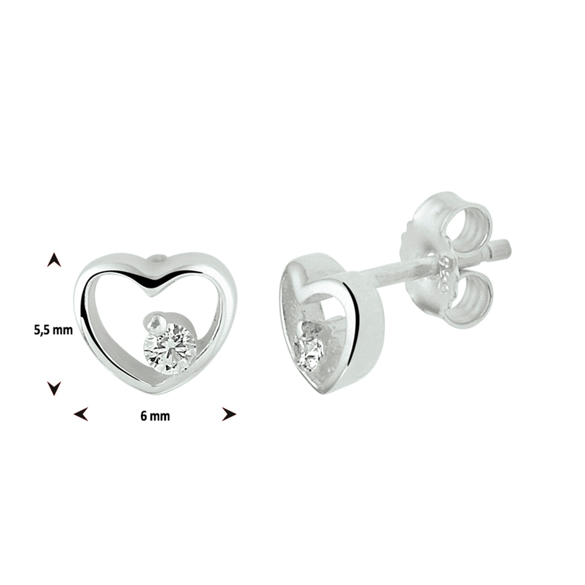 oorknoppen hart zirkonia zilver gerhodineerd