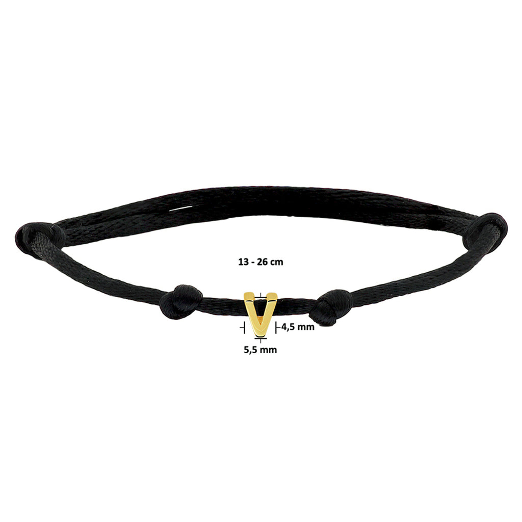 Armband Satin schwarz Buchstabe 13 - 26 cm 14K Gold mit Gummi/Nylon/Leder