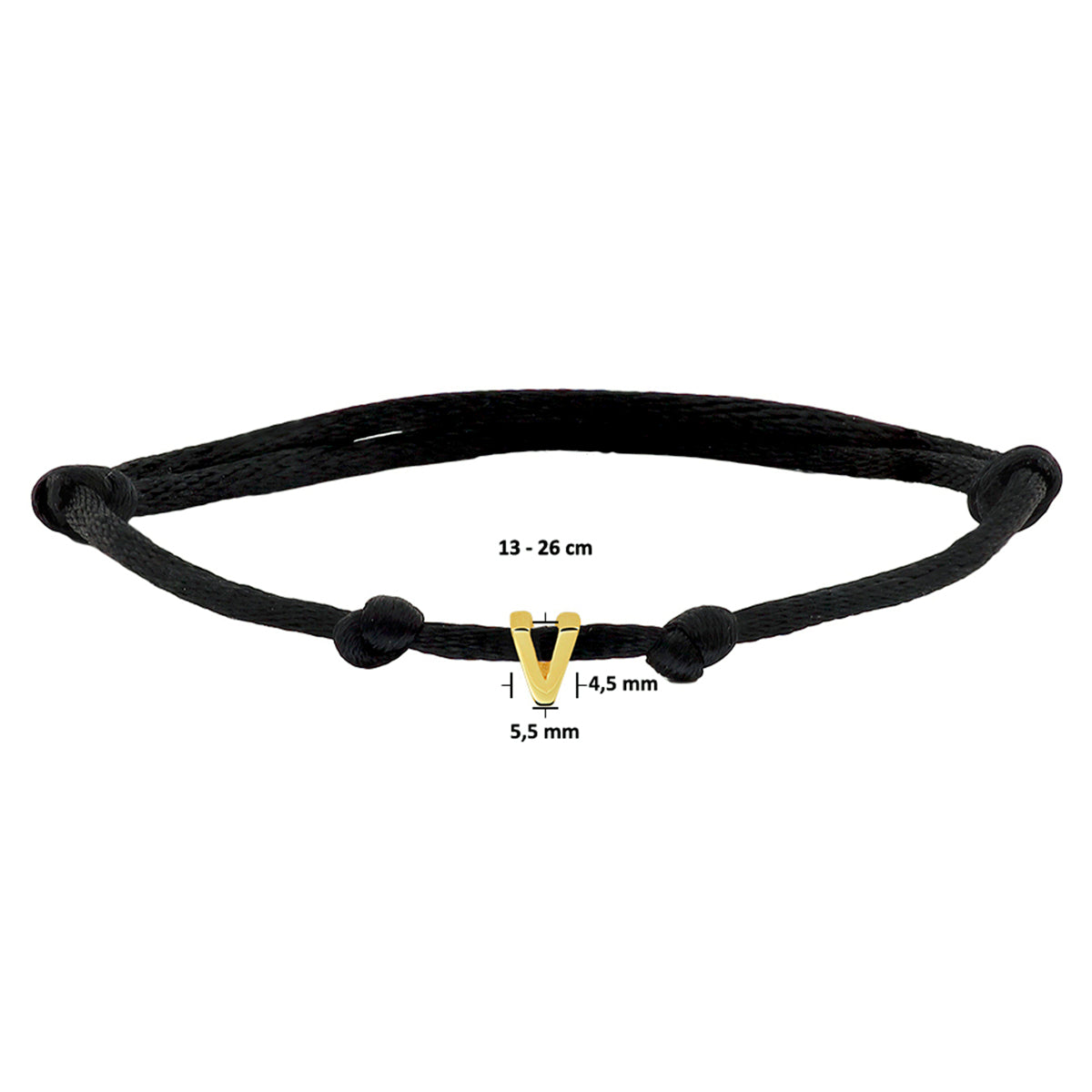 Armband Satin schwarz Buchstabe 13 - 26 cm 14K Gold mit Gummi/Nylon/Leder