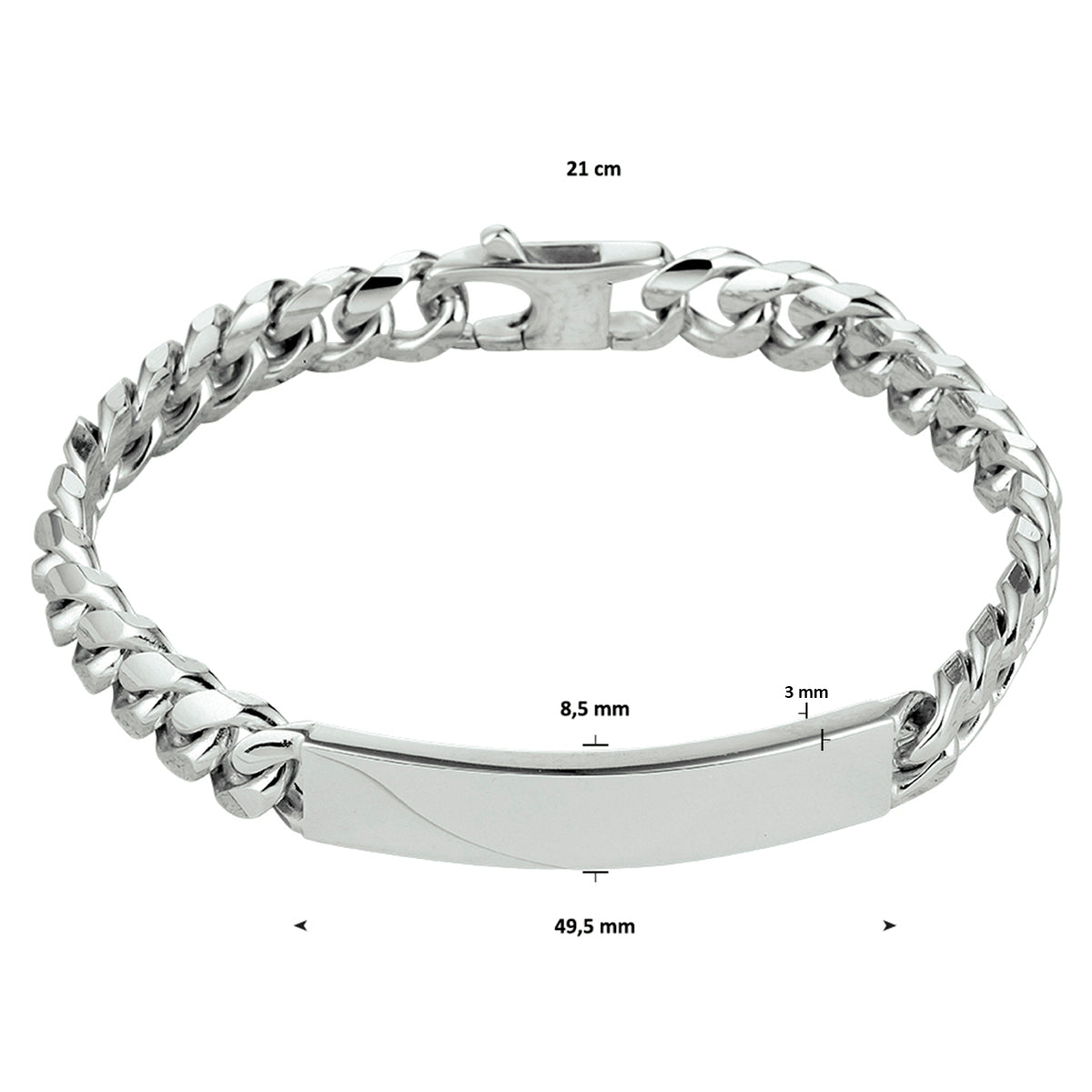 Gravurarmband Gourmette 6 Seiten geschliffen Platte 8,5 mm 21 cm Silber rhodiniert