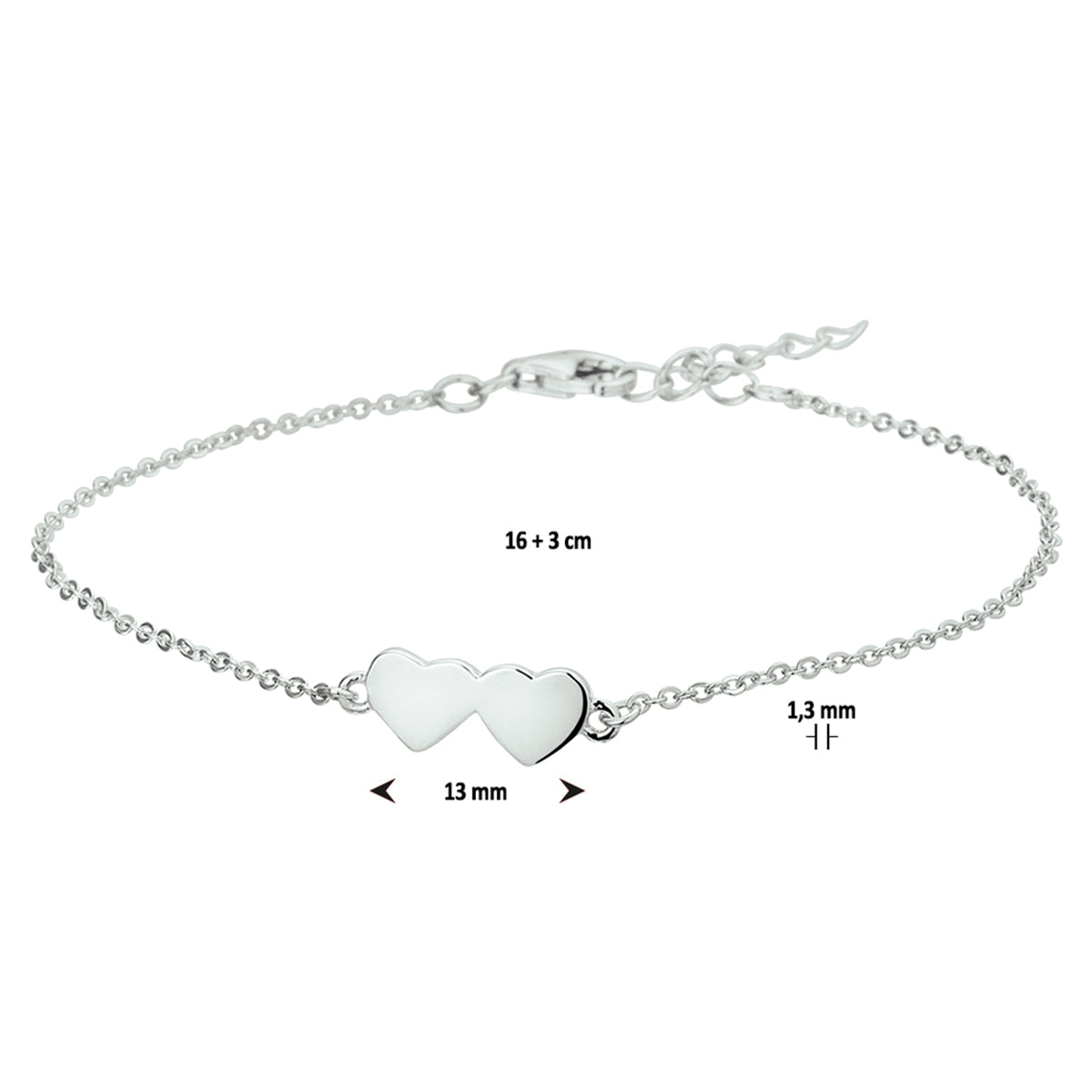 Armband Herzen 1,3 mm 16 + 3 cm Silber rhodiniert