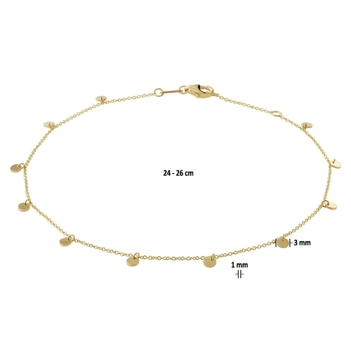 enkelbandje rondjes 24 - 26 cm 14K geelgoud